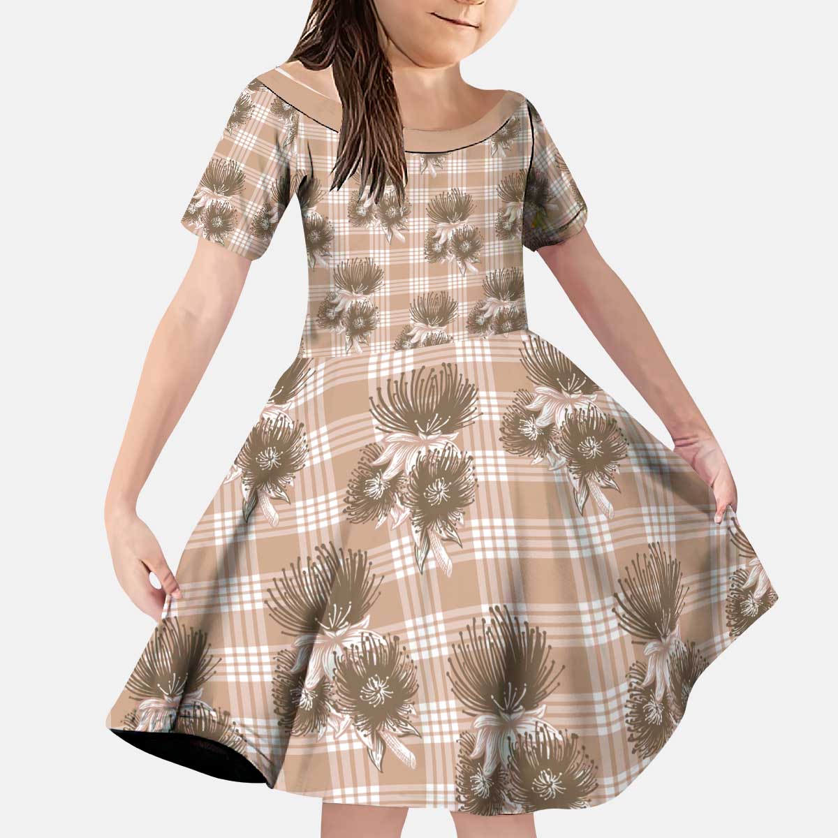 Brown Palaka Hawaii Kid Short Sleeve Dress Hawaiian Lehua Blossoms LT05 KID Brown - Polynesian Pride