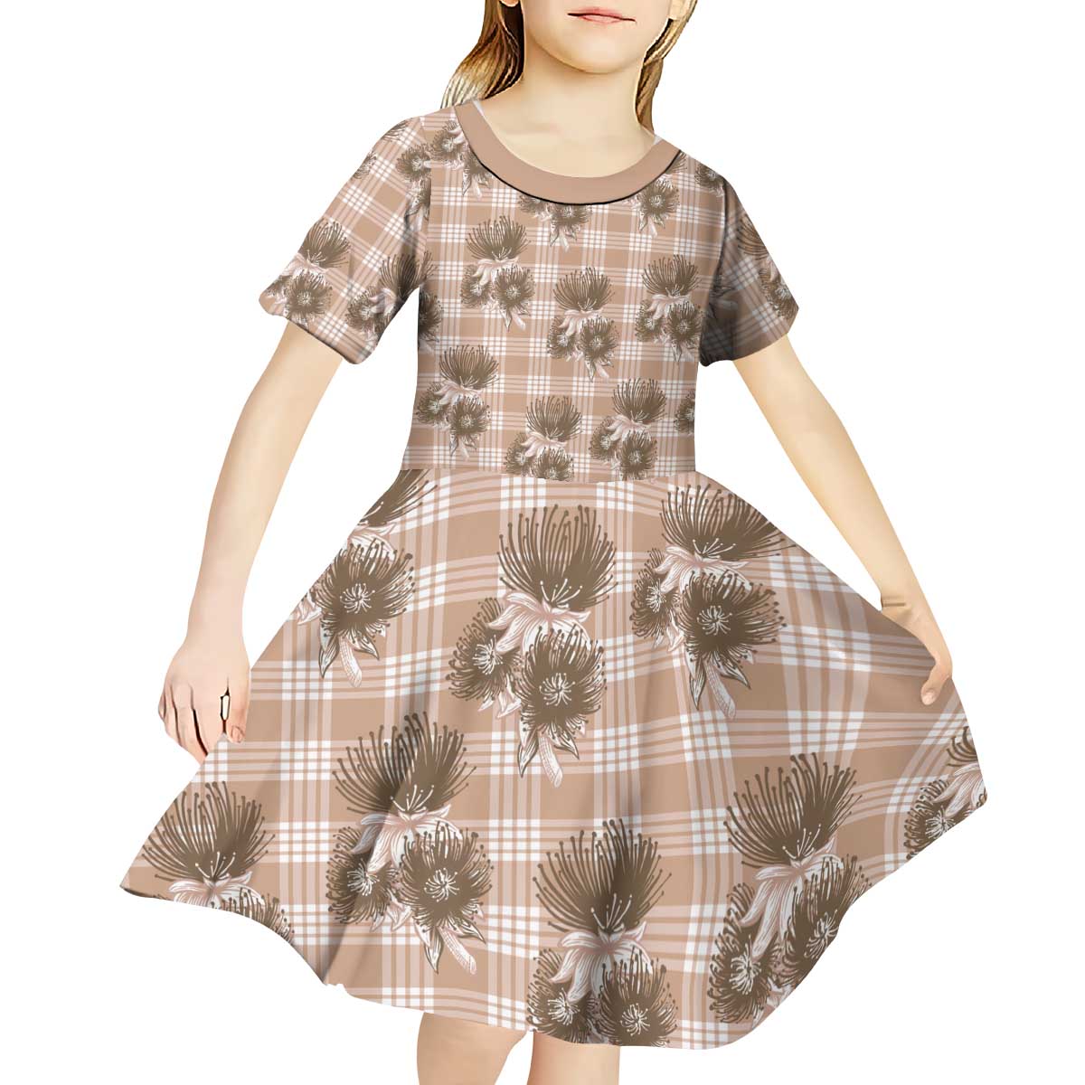 Brown Palaka Hawaii Kid Short Sleeve Dress Hawaiian Lehua Blossoms LT05 - Polynesian Pride