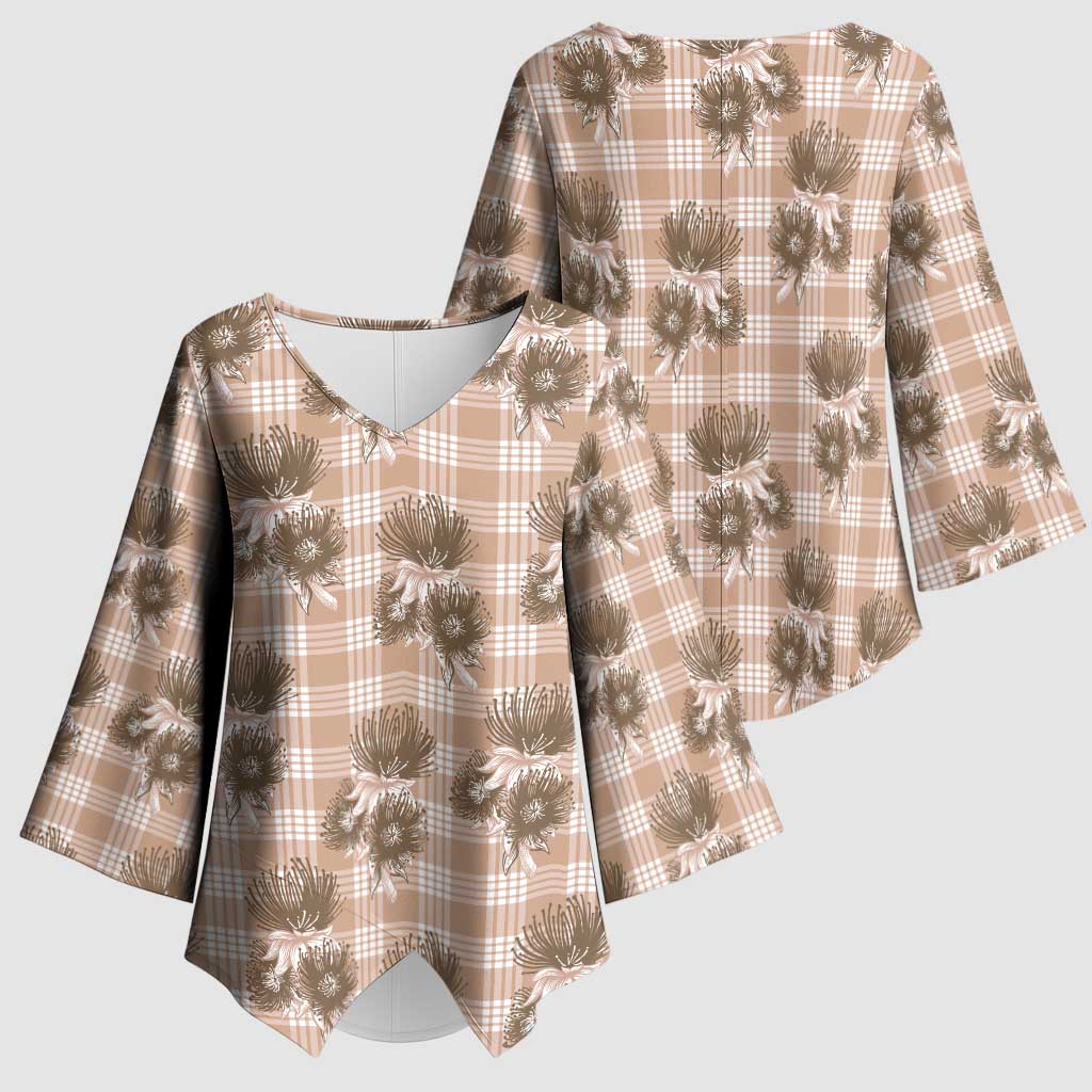 Brown Palaka Hawaii Kimono Sleeve Blouse Hawaiian Lehua Blossoms