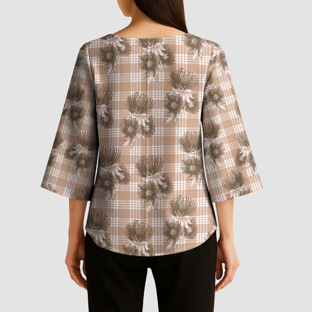 Brown Palaka Hawaii Kimono Sleeve Blouse Hawaiian Lehua Blossoms