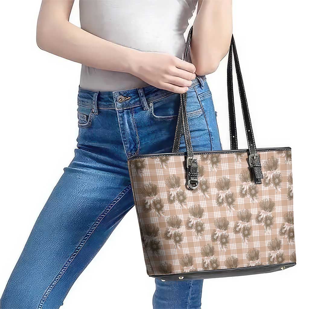 Brown Palaka Hawaii Leather Tote Bag Hawaiian Lehua Blossoms