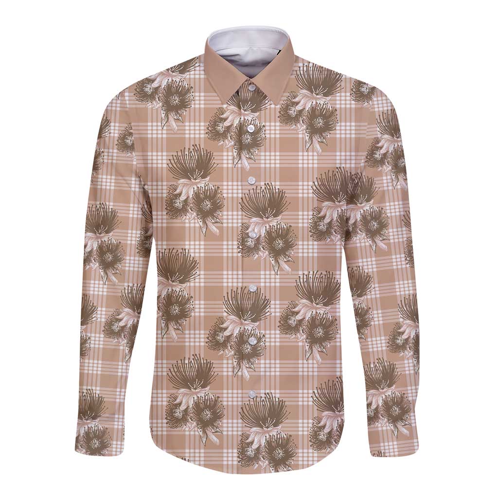 Brown Palaka Hawaii Long Sleeve Button Shirt Hawaiian Lehua Blossoms