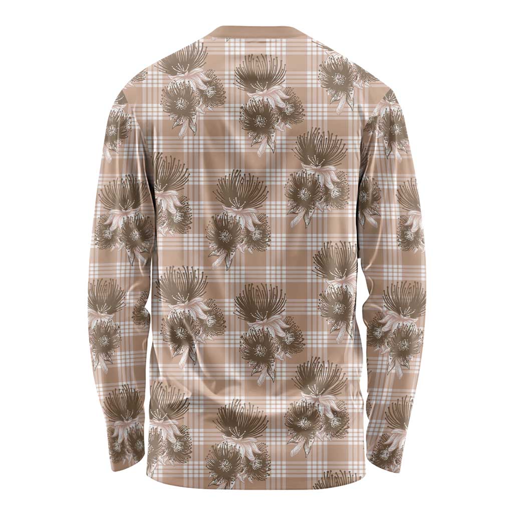 Brown Palaka Hawaii Long Sleeve Shirt Hawaiian Lehua Blossoms