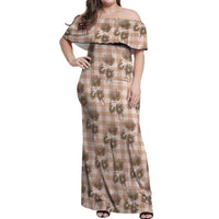 Brown Palaka Hawaii Off Shoulder Maxi Dress Hawaiian Lehua Blossoms
