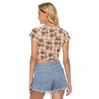 Brown Palaka Hawaii Raglan Cropped T Shirt Hawaiian Lehua Blossoms