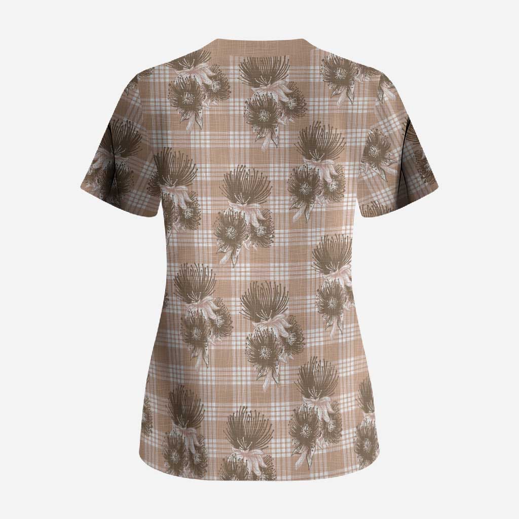 Brown Palaka Hawaii Scrub Top Hawaiian Lehua Blossoms