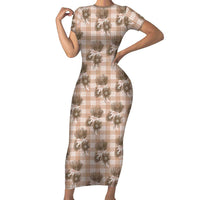 Brown Palaka Hawaii Short Sleeve Bodycon Dress Hawaiian Lehua Blossoms