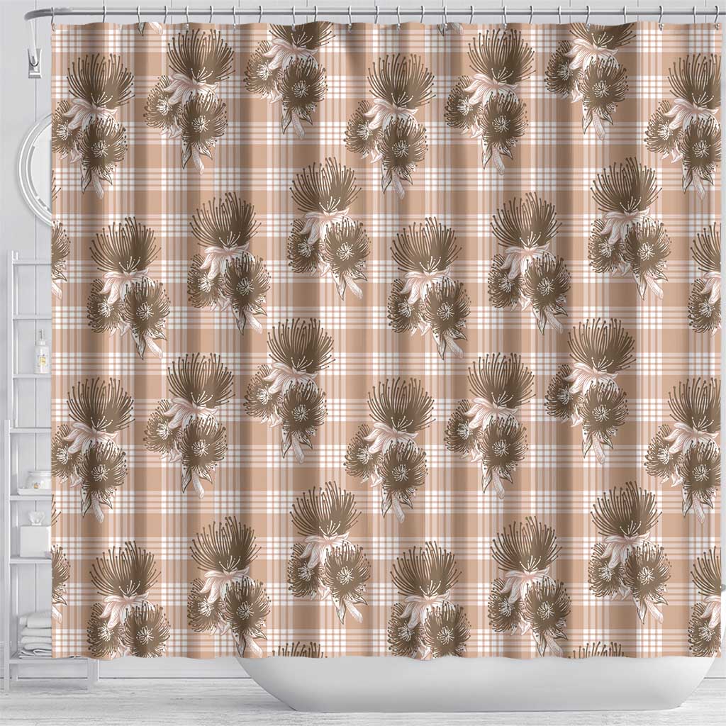 Brown Palaka Hawaii Shower Curtain Hawaiian Lehua Blossoms