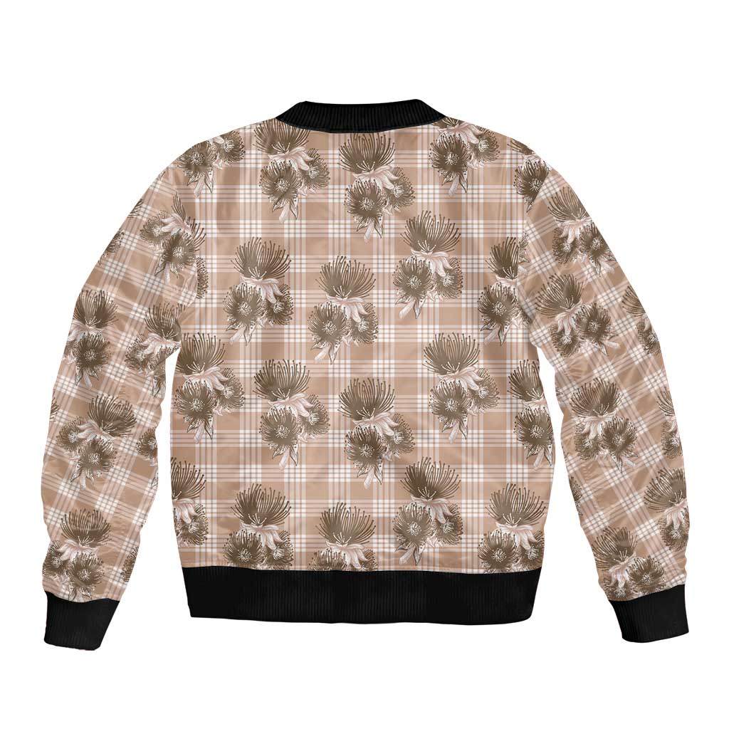 Brown Palaka Hawaii Sleeve Zip Bomber Jacket Hawaiian Lehua Blossoms