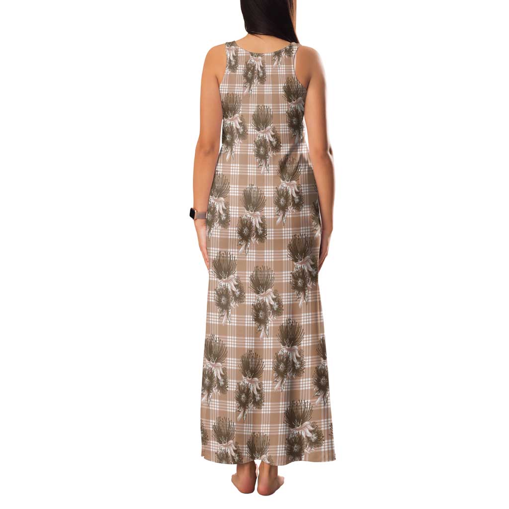Brown Palaka Hawaii Tank Maxi Dress Hawaiian Lehua Blossoms