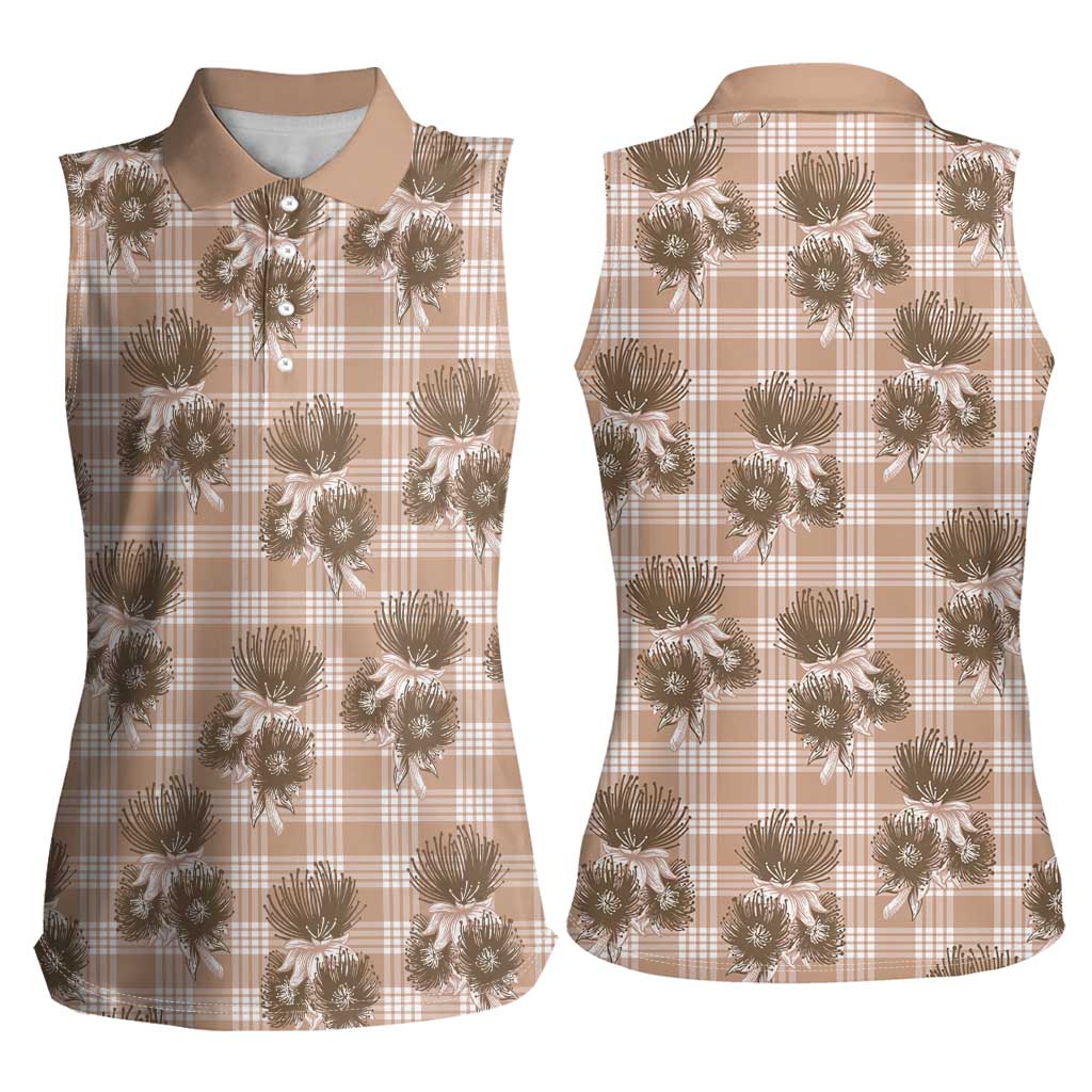 Brown Palaka Hawaii Women Sleeveless Polo Shirt Hawaiian Lehua Blossoms LT05 - Polynesian Pride