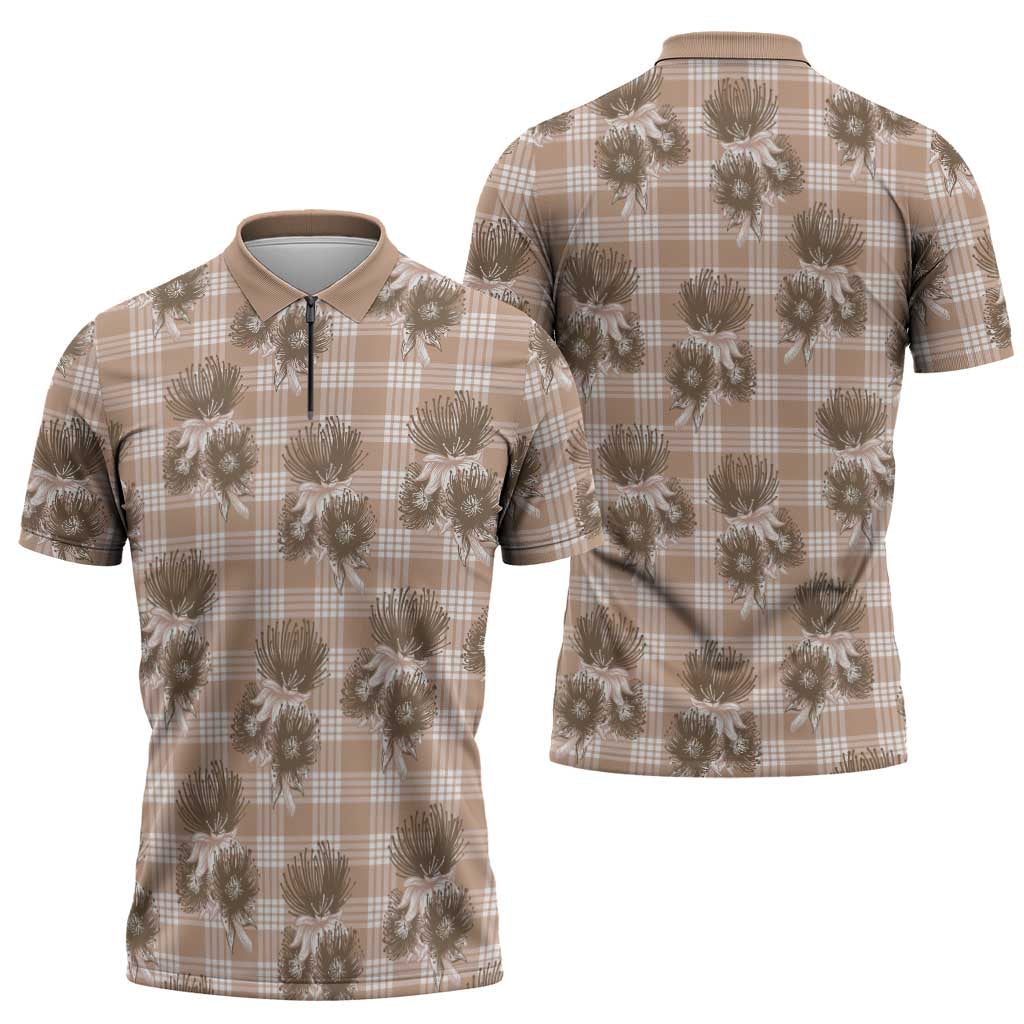 Brown Palaka Hawaii Zipper Polo Shirt Hawaiian Lehua Blossoms