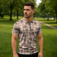 Brown Palaka Hawaii Zipper Polo Shirt Hawaiian Lehua Blossoms