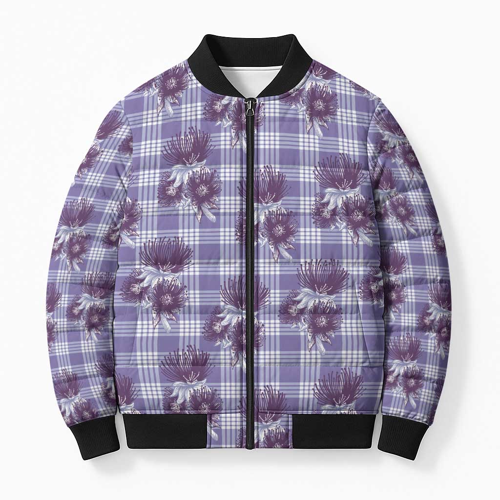 Purple Palaka Hawaii Bomber Puffer Jacket Hawaiian Lehua Blossoms