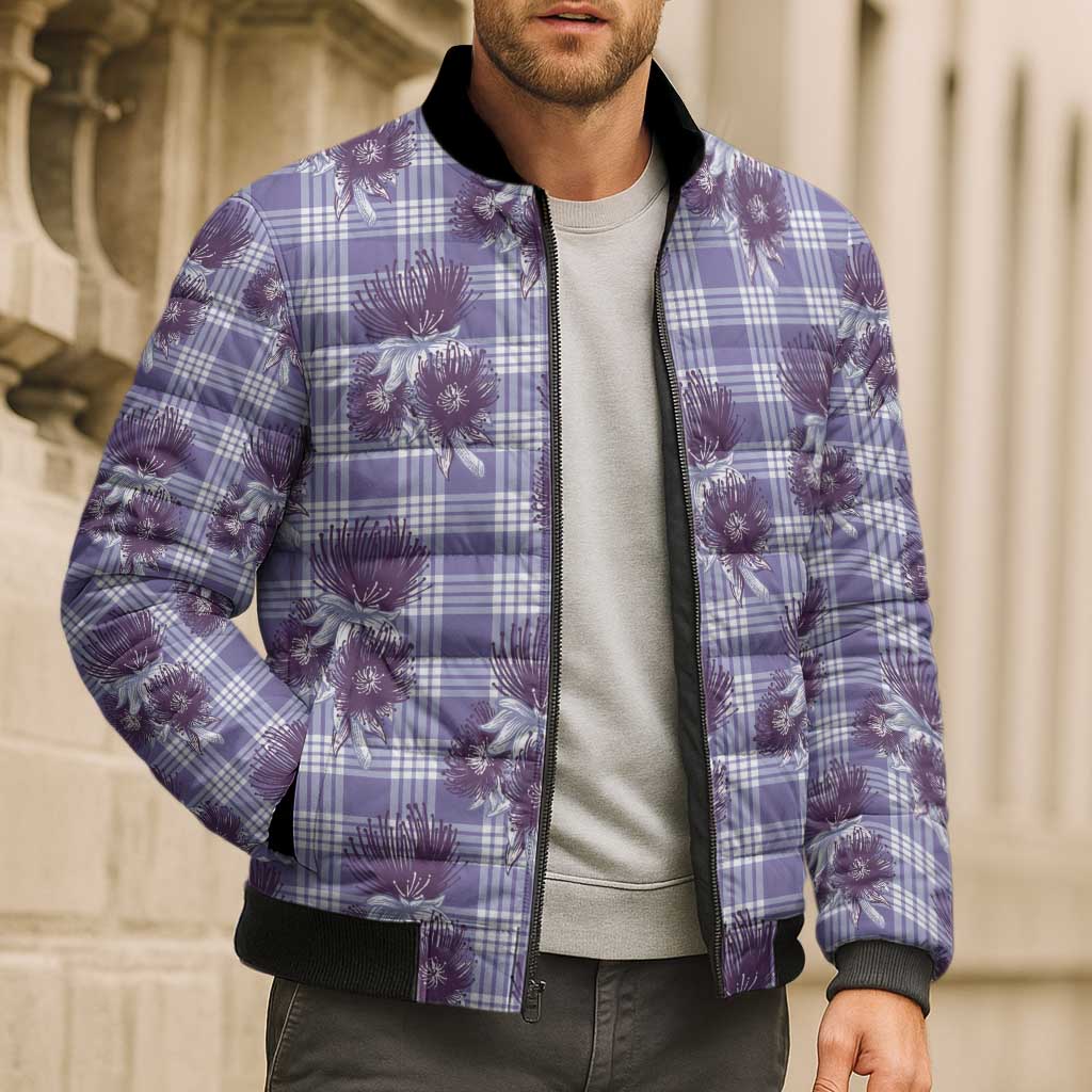 Purple Palaka Hawaii Bomber Puffer Jacket Hawaiian Lehua Blossoms