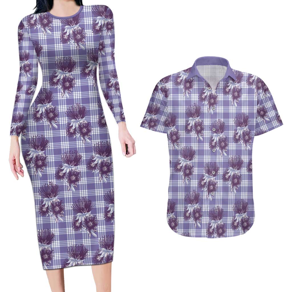 Purple Palaka Hawaii Couples Matching Long Sleeve Bodycon Dress and Hawaiian Shirt Hawaiian Lehua Blossoms LT05 Purple - Polynesian Pride