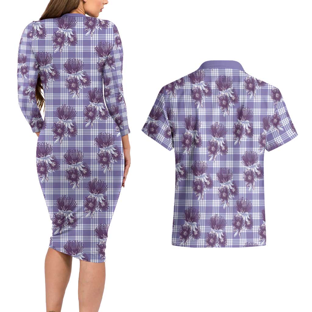 Purple Palaka Hawaii Couples Matching Long Sleeve Bodycon Dress and Hawaiian Shirt Hawaiian Lehua Blossoms LT05 - Polynesian Pride