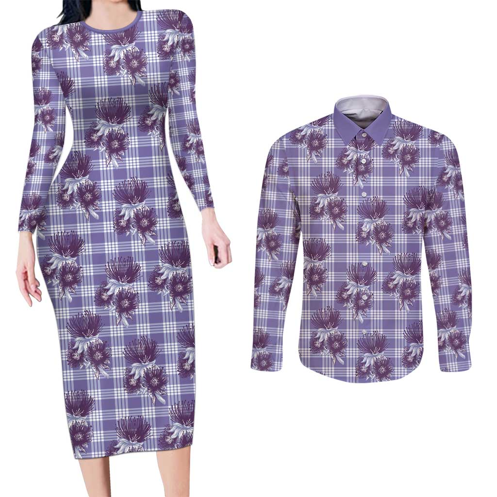 Purple Palaka Hawaii Couples Matching Long Sleeve Bodycon Dress and Long Sleeve Button Shirt Hawaiian Lehua Blossoms LT05 Purple - Polynesian Pride