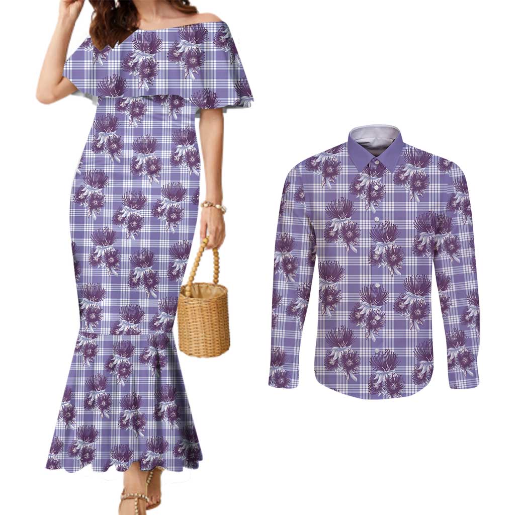 Purple Palaka Hawaii Couples Matching Mermaid Dress and Long Sleeve Button Shirt Hawaiian Lehua Blossoms LT05 Purple - Polynesian Pride