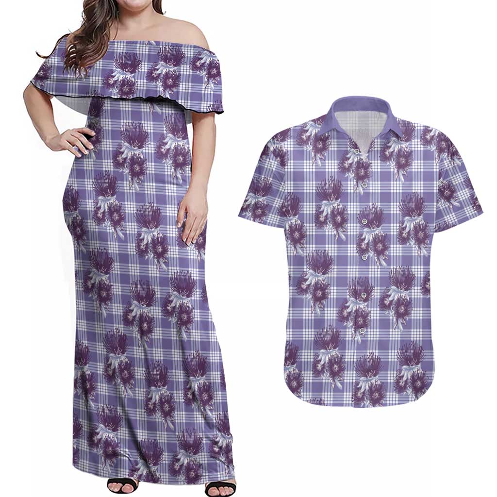 Purple Palaka Hawaii Couples Matching Off Shoulder Maxi Dress and Hawaiian Shirt Hawaiian Lehua Blossoms LT05 Purple - Polynesian Pride