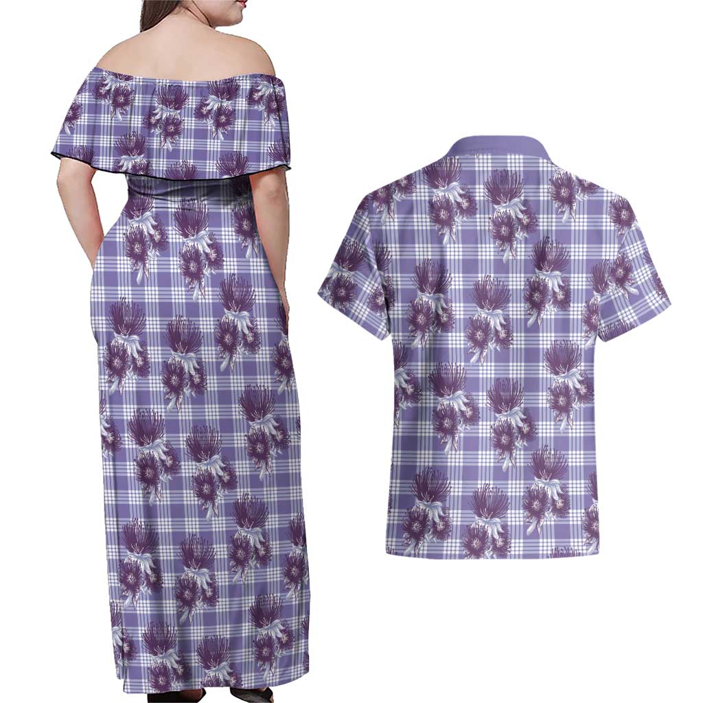 Purple Palaka Hawaii Couples Matching Off Shoulder Maxi Dress and Hawaiian Shirt Hawaiian Lehua Blossoms LT05 - Polynesian Pride