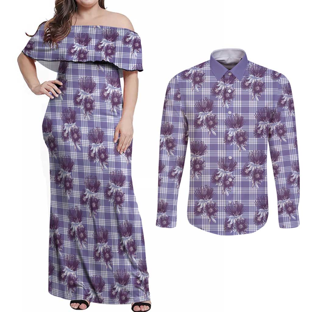 Purple Palaka Hawaii Couples Matching Off Shoulder Maxi Dress and Long Sleeve Button Shirt Hawaiian Lehua Blossoms LT05 Purple - Polynesian Pride