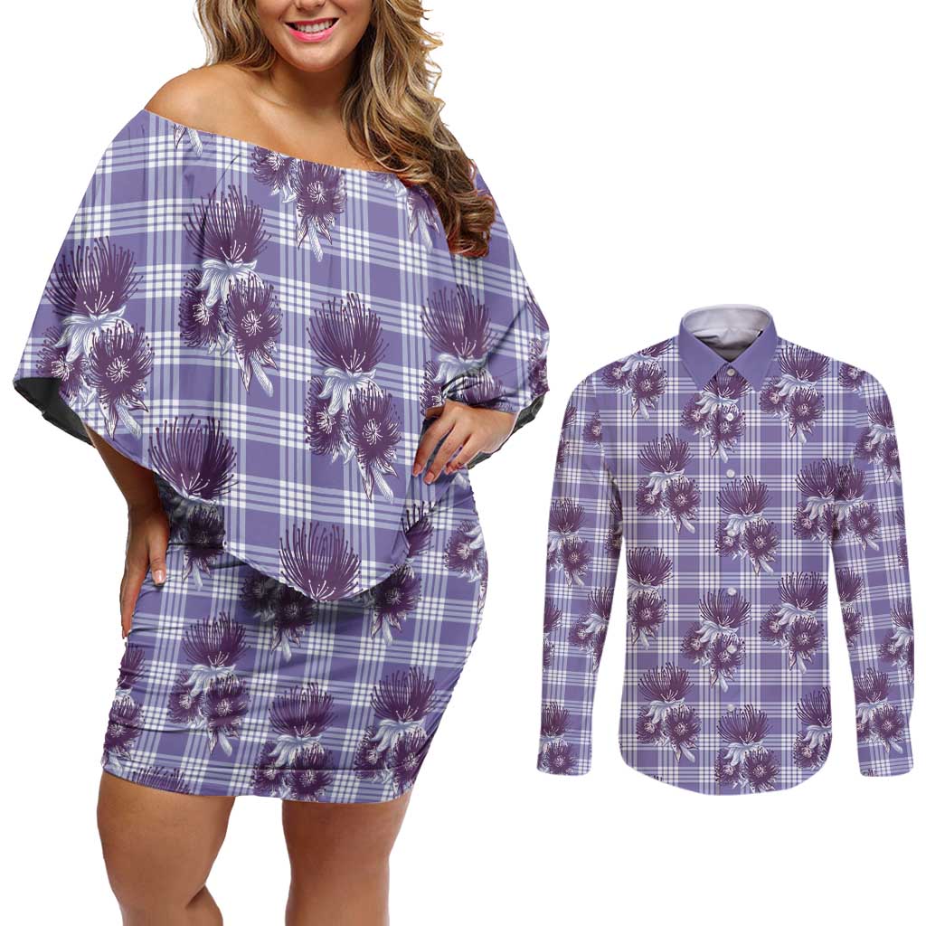 Purple Palaka Hawaii Couples Matching Off Shoulder Short Dress and Long Sleeve Button Shirt Hawaiian Lehua Blossoms LT05 Purple - Polynesian Pride