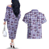 Purple Palaka Hawaii Couples Matching Off The Shoulder Long Sleeve Dress and Hawaiian Shirt Hawaiian Lehua Blossoms LT05 - Polynesian Pride