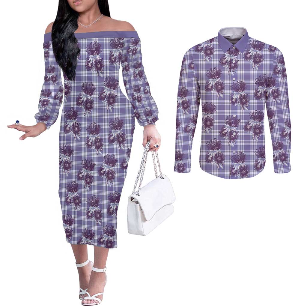 Purple Palaka Hawaii Couples Matching Off The Shoulder Long Sleeve Dress and Long Sleeve Button Shirt Hawaiian Lehua Blossoms LT05 Purple - Polynesian Pride