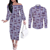 Purple Palaka Hawaii Couples Matching Off The Shoulder Long Sleeve Dress and Long Sleeve Button Shirt Hawaiian Lehua Blossoms LT05 Purple - Polynesian Pride