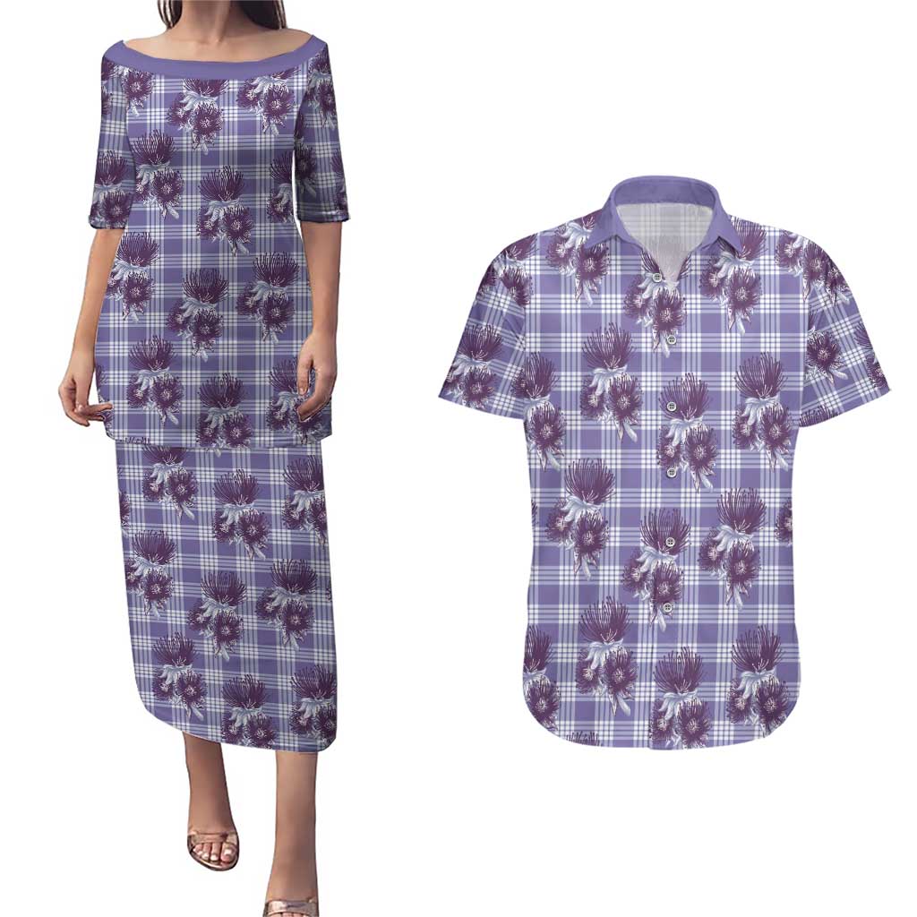 Purple Palaka Hawaii Couples Matching Puletasi and Hawaiian Shirt Hawaiian Lehua Blossoms LT05 Purple - Polynesian Pride