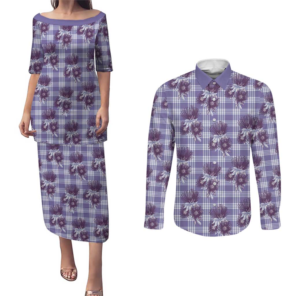 Purple Palaka Hawaii Couples Matching Puletasi and Long Sleeve Button Shirt Hawaiian Lehua Blossoms LT05 Purple - Polynesian Pride