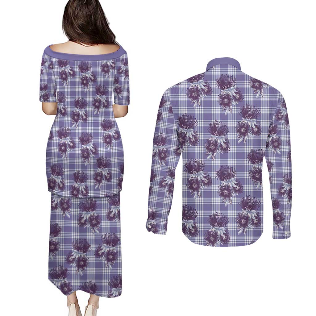 Purple Palaka Hawaii Couples Matching Puletasi and Long Sleeve Button Shirt Hawaiian Lehua Blossoms LT05 - Polynesian Pride