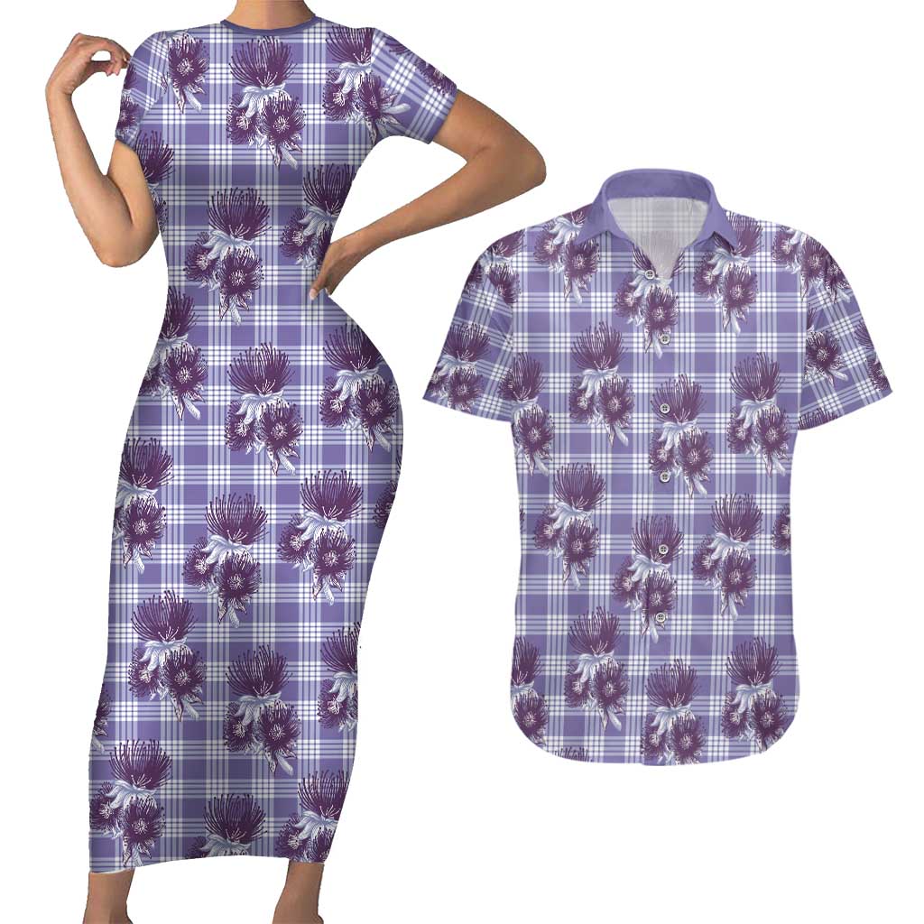 Purple Palaka Hawaii Couples Matching Short Sleeve Bodycon Dress and Hawaiian Shirt Hawaiian Lehua Blossoms LT05 Purple - Polynesian Pride