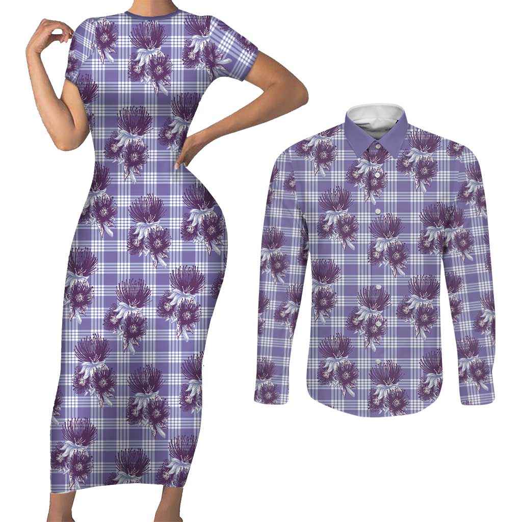 Purple Palaka Hawaii Couples Matching Short Sleeve Bodycon Dress and Long Sleeve Button Shirt Hawaiian Lehua Blossoms LT05 Purple - Polynesian Pride
