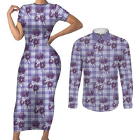 Purple Palaka Hawaii Couples Matching Short Sleeve Bodycon Dress and Long Sleeve Button Shirt Hawaiian Lehua Blossoms LT05 Purple - Polynesian Pride