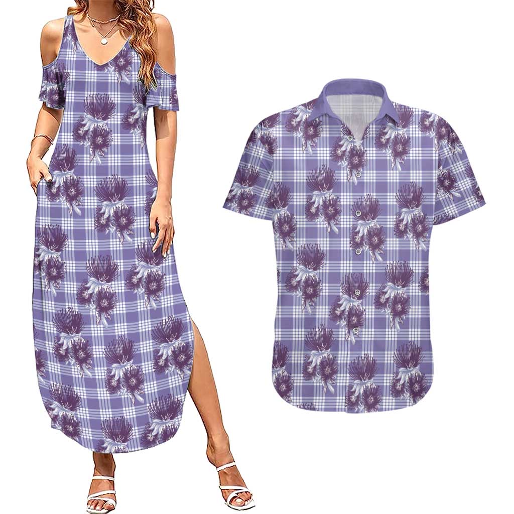 Purple Palaka Hawaii Couples Matching Summer Maxi Dress and Hawaiian Shirt Hawaiian Lehua Blossoms LT05 Purple - Polynesian Pride