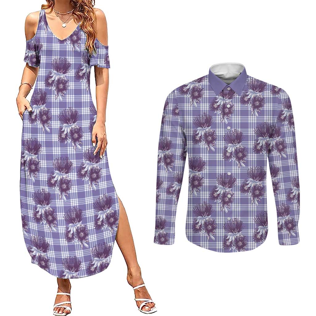 Purple Palaka Hawaii Couples Matching Summer Maxi Dress and Long Sleeve Button Shirt Hawaiian Lehua Blossoms LT05 Purple - Polynesian Pride