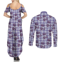 Purple Palaka Hawaii Couples Matching Summer Maxi Dress and Long Sleeve Button Shirt Hawaiian Lehua Blossoms LT05 - Polynesian Pride