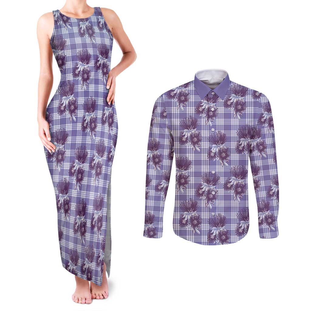 Purple Palaka Hawaii Couples Matching Tank Maxi Dress and Long Sleeve Button Shirt Hawaiian Lehua Blossoms LT05 Purple - Polynesian Pride