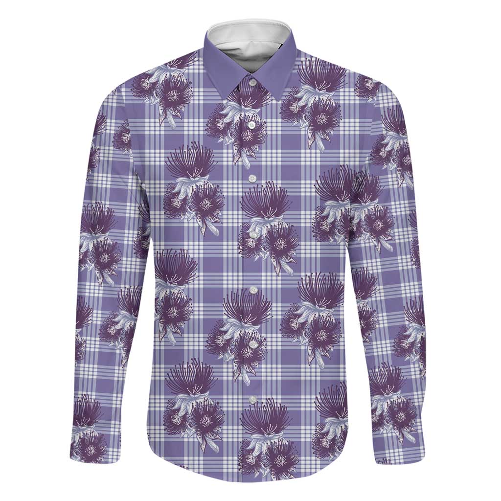 Purple Palaka Hawaii Family Matching Mermaid Dress and Hawaiian Shirt Hawaiian Lehua Blossoms LT05 Dad's Shirt - Long Sleeve Purple - Polynesian Pride