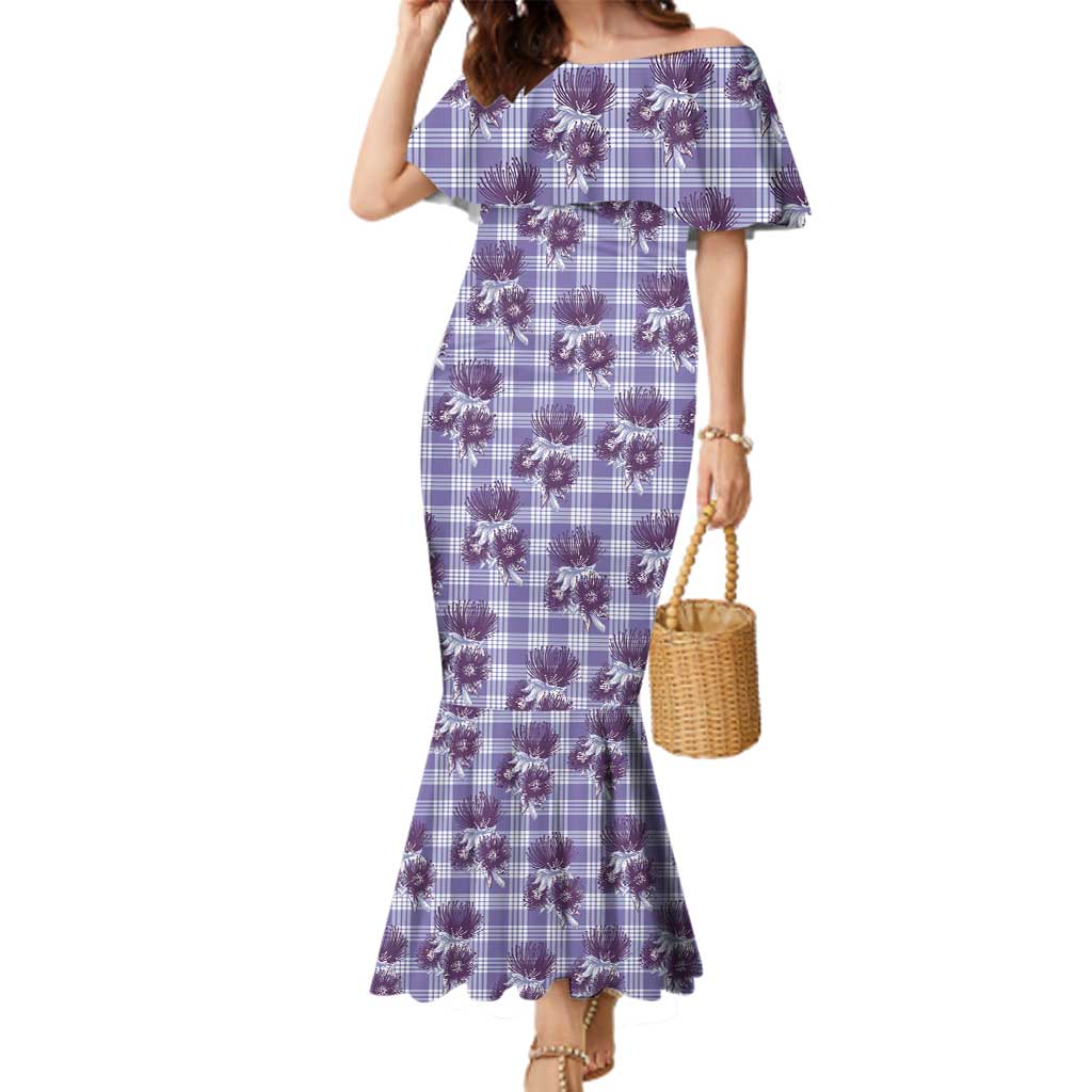 Purple Palaka Hawaii Family Matching Mermaid Dress and Hawaiian Shirt Hawaiian Lehua Blossoms LT05 Mom's Dress Purple - Polynesian Pride