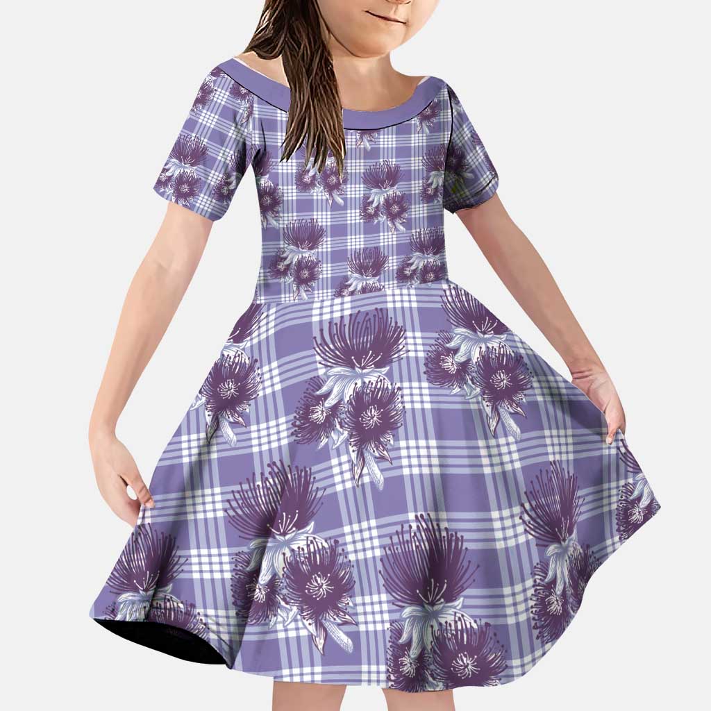 Purple Palaka Hawaii Family Matching Off Shoulder Maxi Dress and Hawaiian Shirt Hawaiian Lehua Blossoms LT05 Daughter's Dress Purple - Polynesian Pride