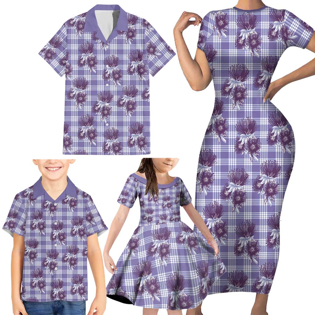 Purple Palaka Hawaii Family Matching Short Sleeve Bodycon Dress and Hawaiian Shirt Hawaiian Lehua Blossoms LT05 - Polynesian Pride