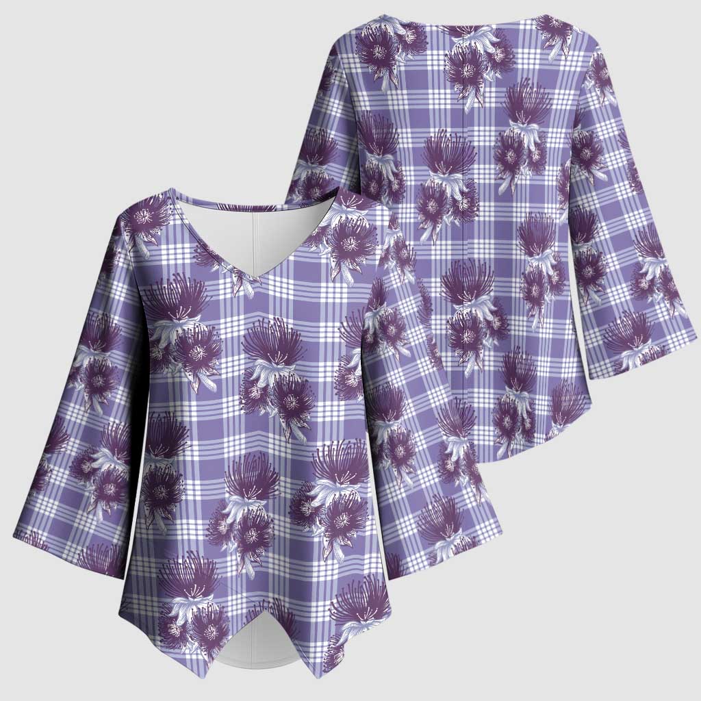 Purple Palaka Hawaii Kimono Sleeve Blouse Hawaiian Lehua Blossoms