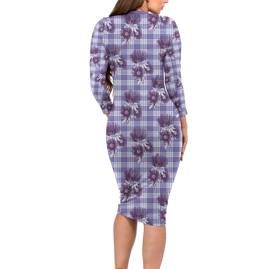 Purple Palaka Hawaii Long Sleeve Bodycon Dress Hawaiian Lehua Blossoms