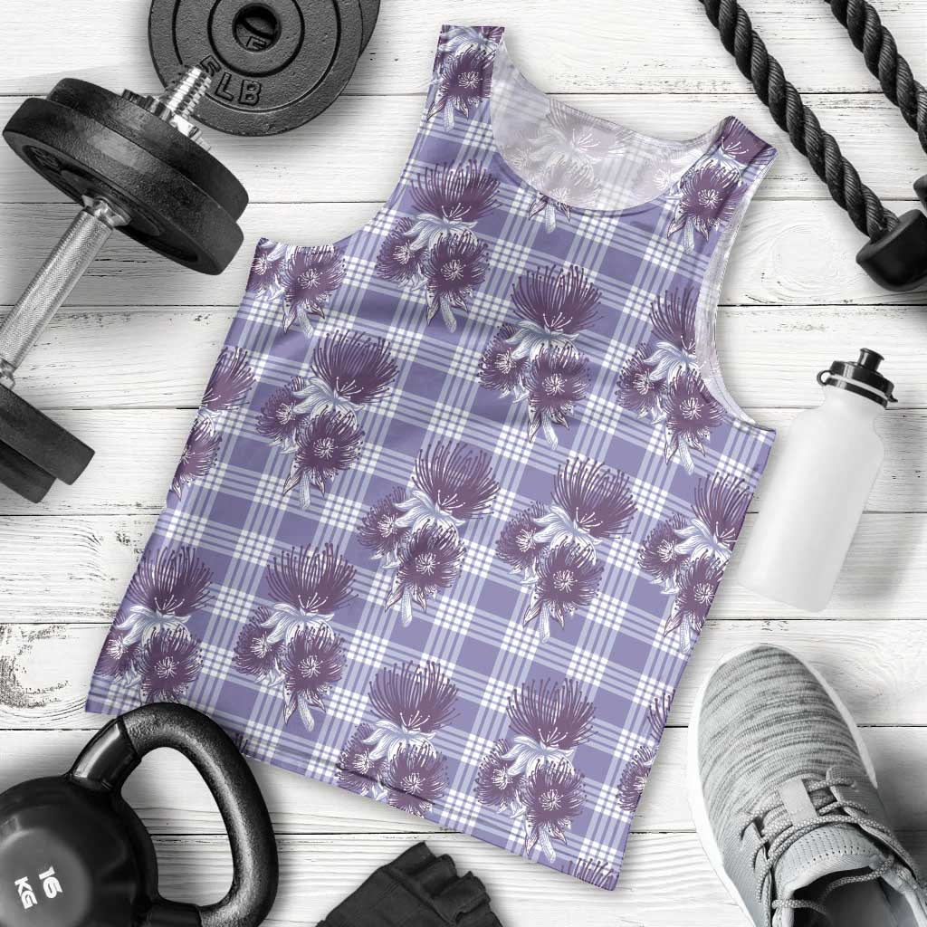 Purple Palaka Hawaii Men Tank Top Hawaiian Lehua Blossoms