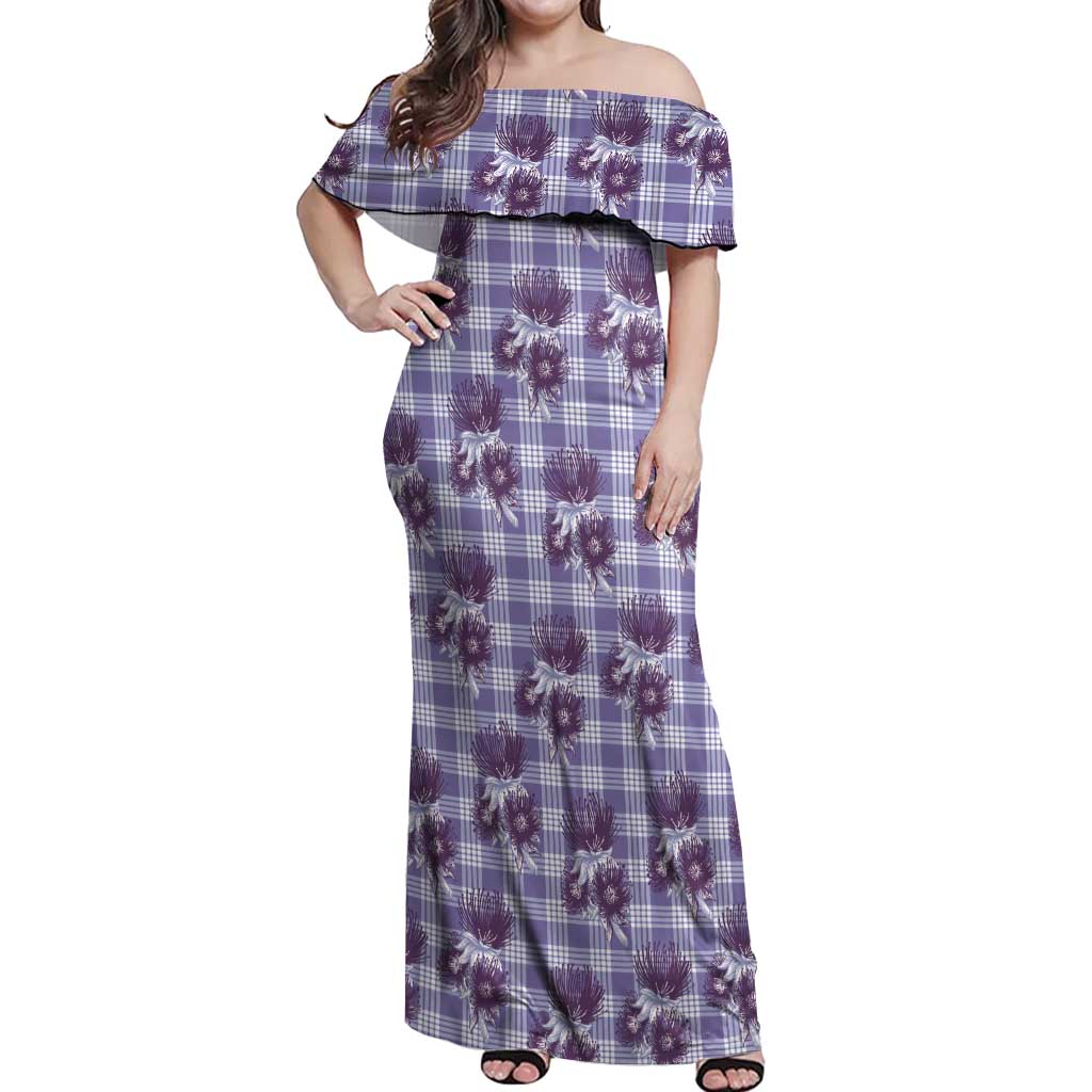Purple Palaka Hawaii Off Shoulder Maxi Dress Hawaiian Lehua Blossoms LT05 Women Purple - Polynesian Pride