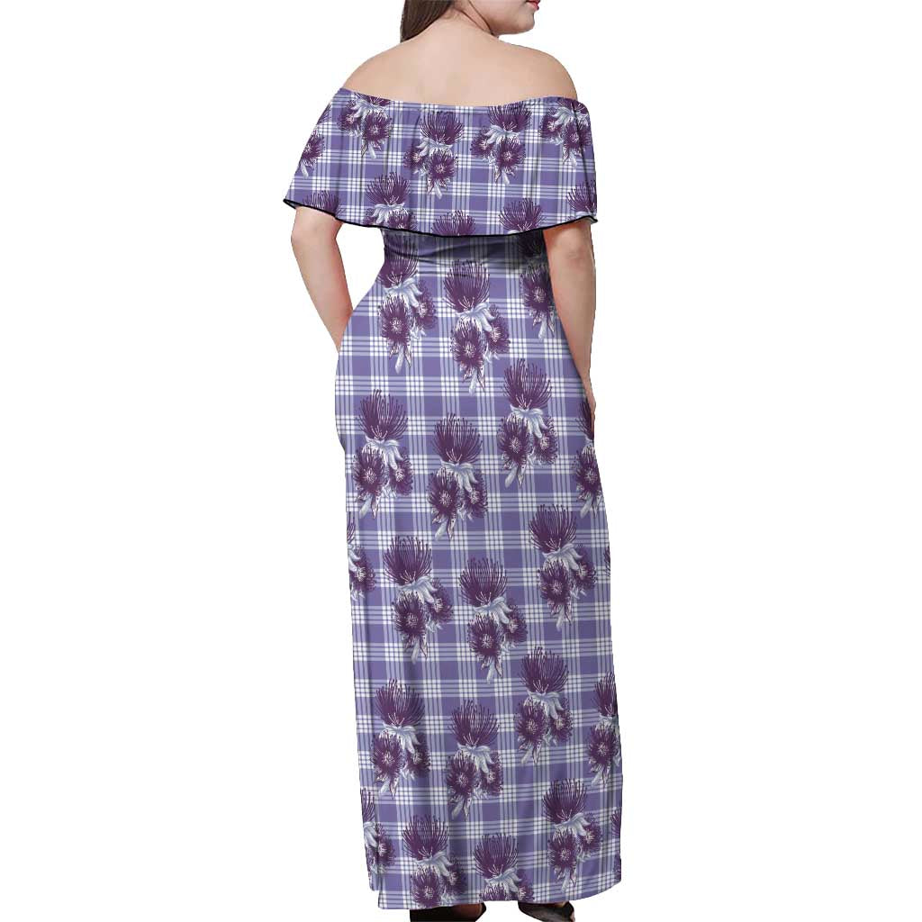 Purple Palaka Hawaii Off Shoulder Maxi Dress Hawaiian Lehua Blossoms LT05 - Polynesian Pride