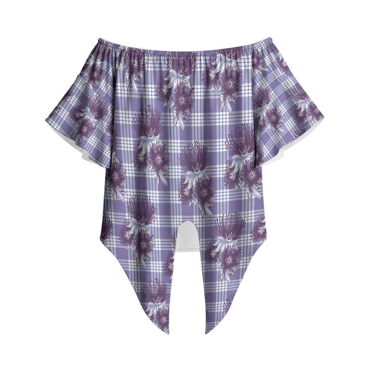 Purple Palaka Hawaii Off Shoulder Wrap Waist Top Hawaiian Lehua Blossoms LT05 Purple - Polynesian Pride